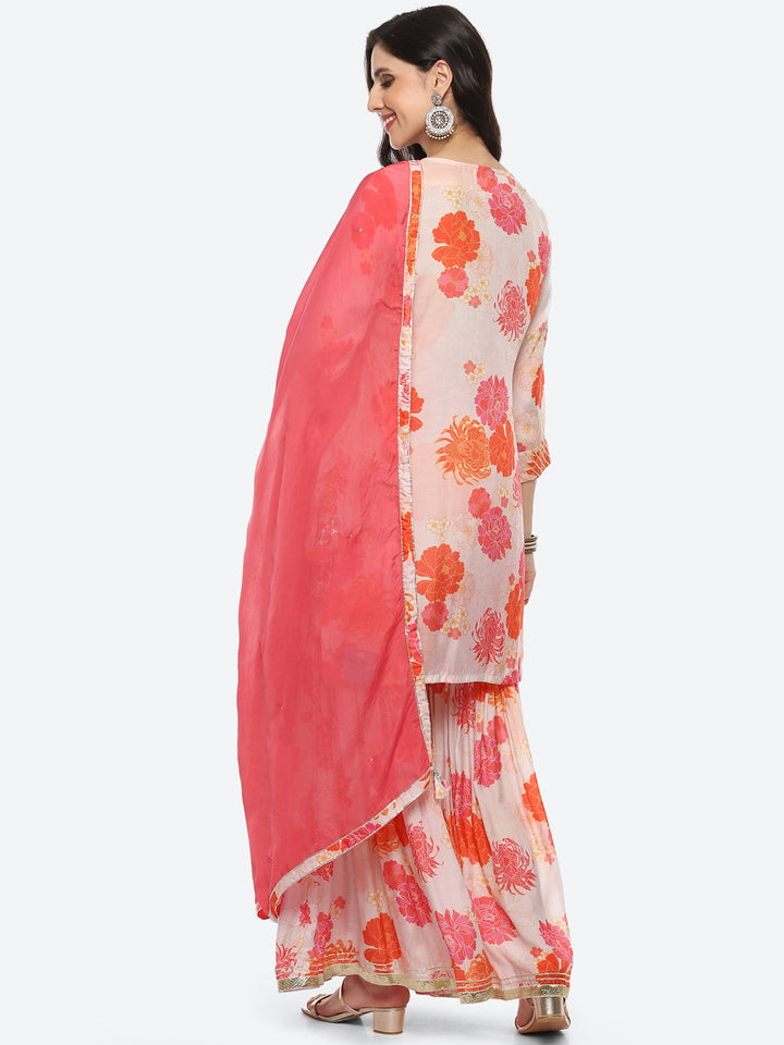 Floral Printed Cotton Kurta With Garara &amp; Dupatta