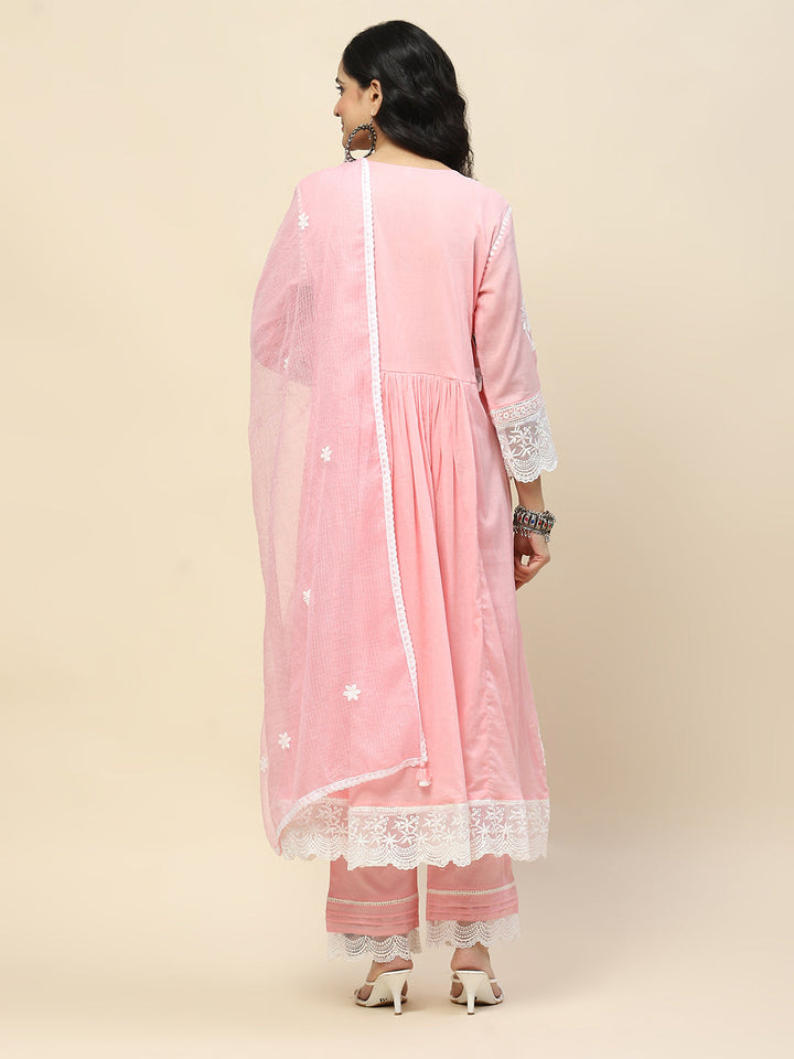 Neck Embroidery Cotton Anarkali With Pants &amp; Dupatta