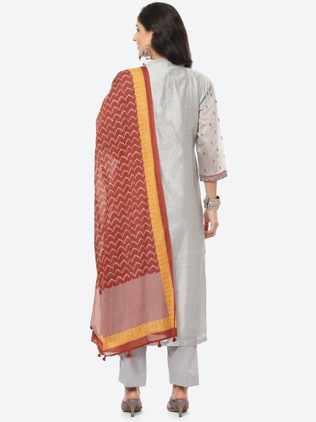 Embroidered Cotton Kurta With Pant &amp; Chanderi Dupatta