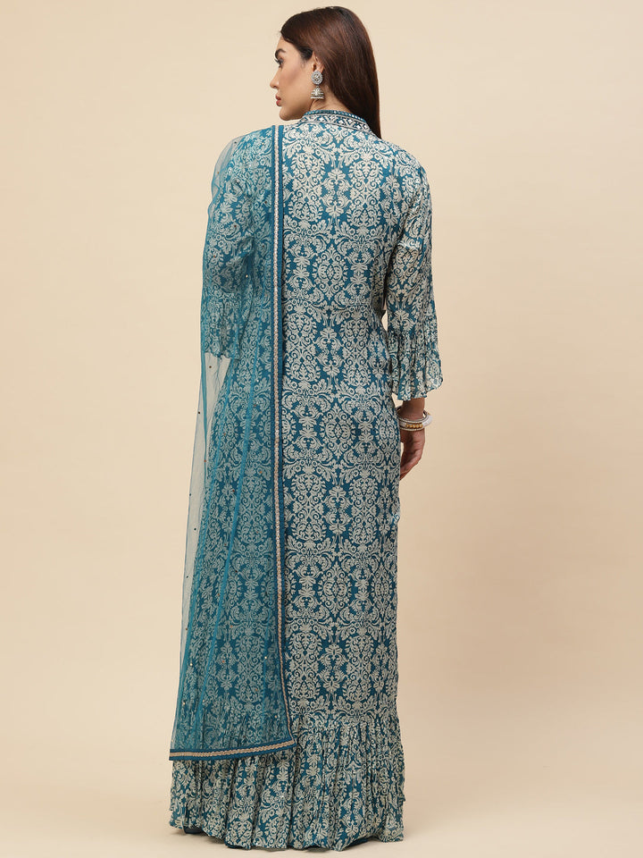 Neck Embroidered Georgette Gown With Jacket &amp; Dupatta