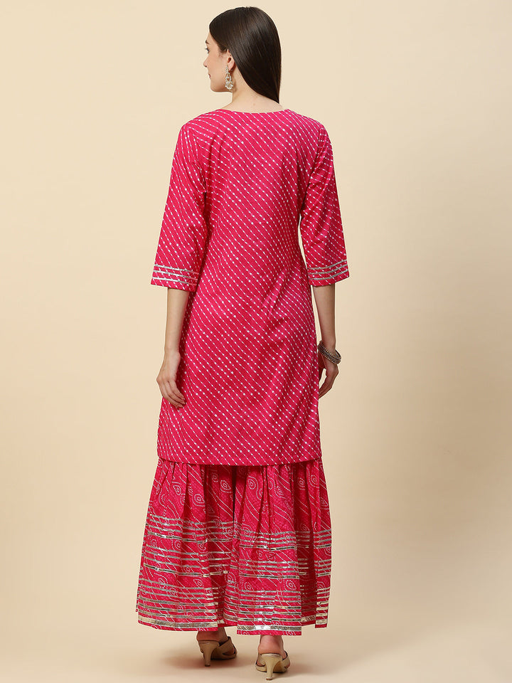 Leheriya Printed &amp; Embroidered Cotton Kurta With Sharara