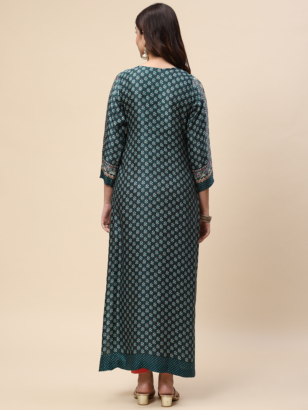 Zari Neck Embroidered &amp; Printed Satin Kurta