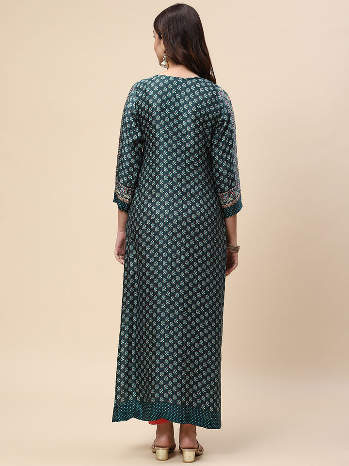Zari Neck Embroidered &amp; Printed Satin Kurta