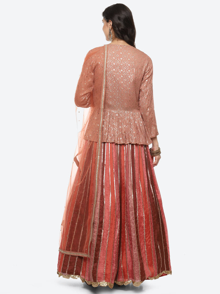 Resham Embroidered Georgette Choli Jacket With Lehenga &amp; Dupatta