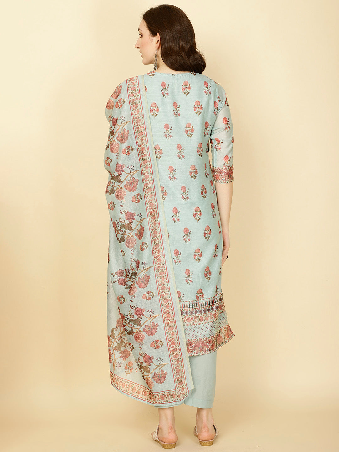 Floral Printed Chanderi Kurta With Pants &amp; Dupatta
