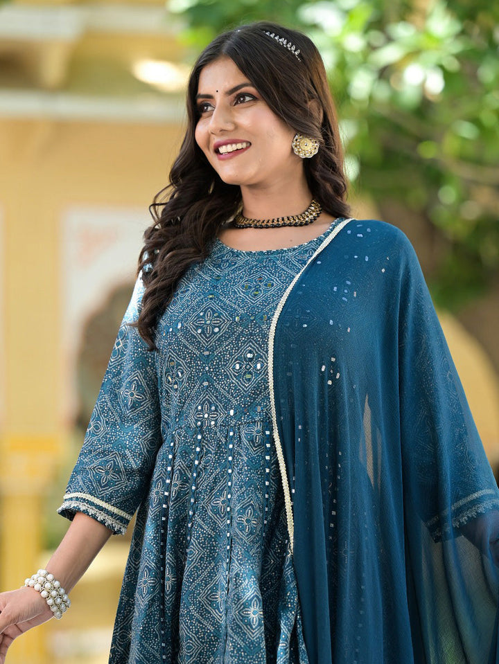 Bandhej Printed Cotton Kurta With Garara &amp; Dupatta