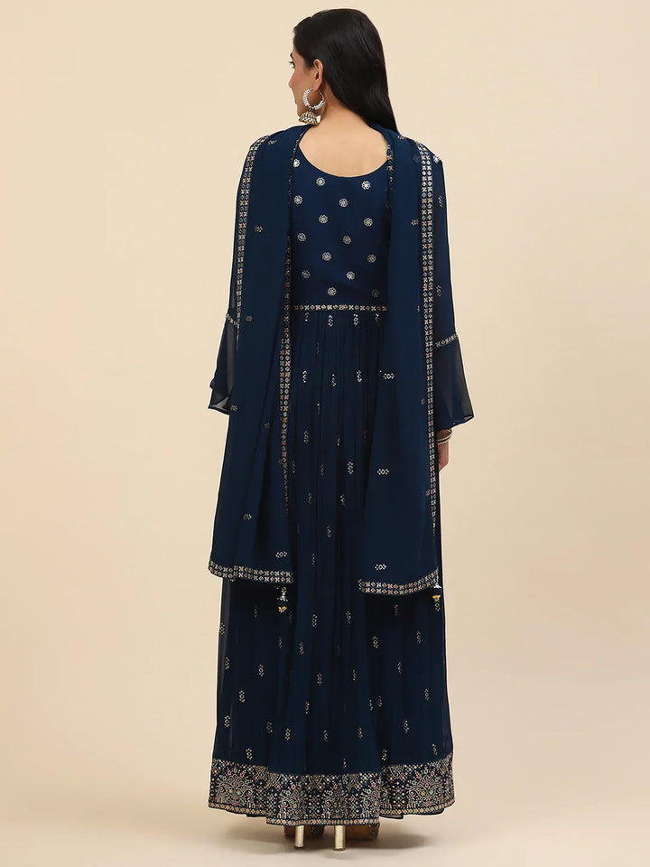 Sequin Embroidered Georgette Kurta With Palazzo &amp; Dupatta