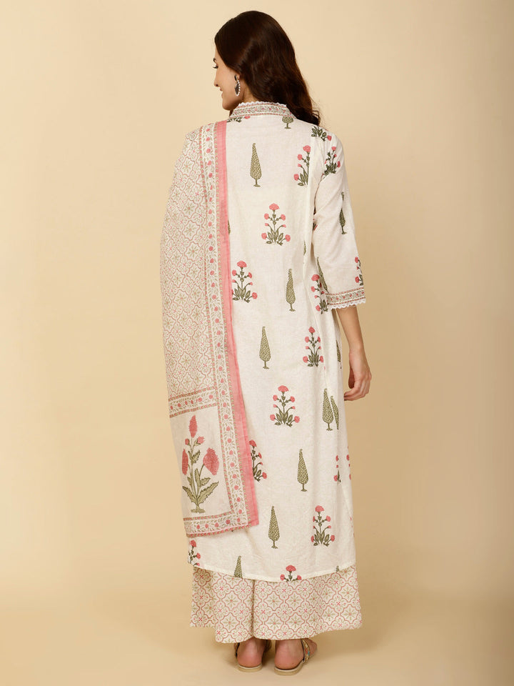 Block Printed Cotton Kurta With Palazzo &amp; Dupatta
