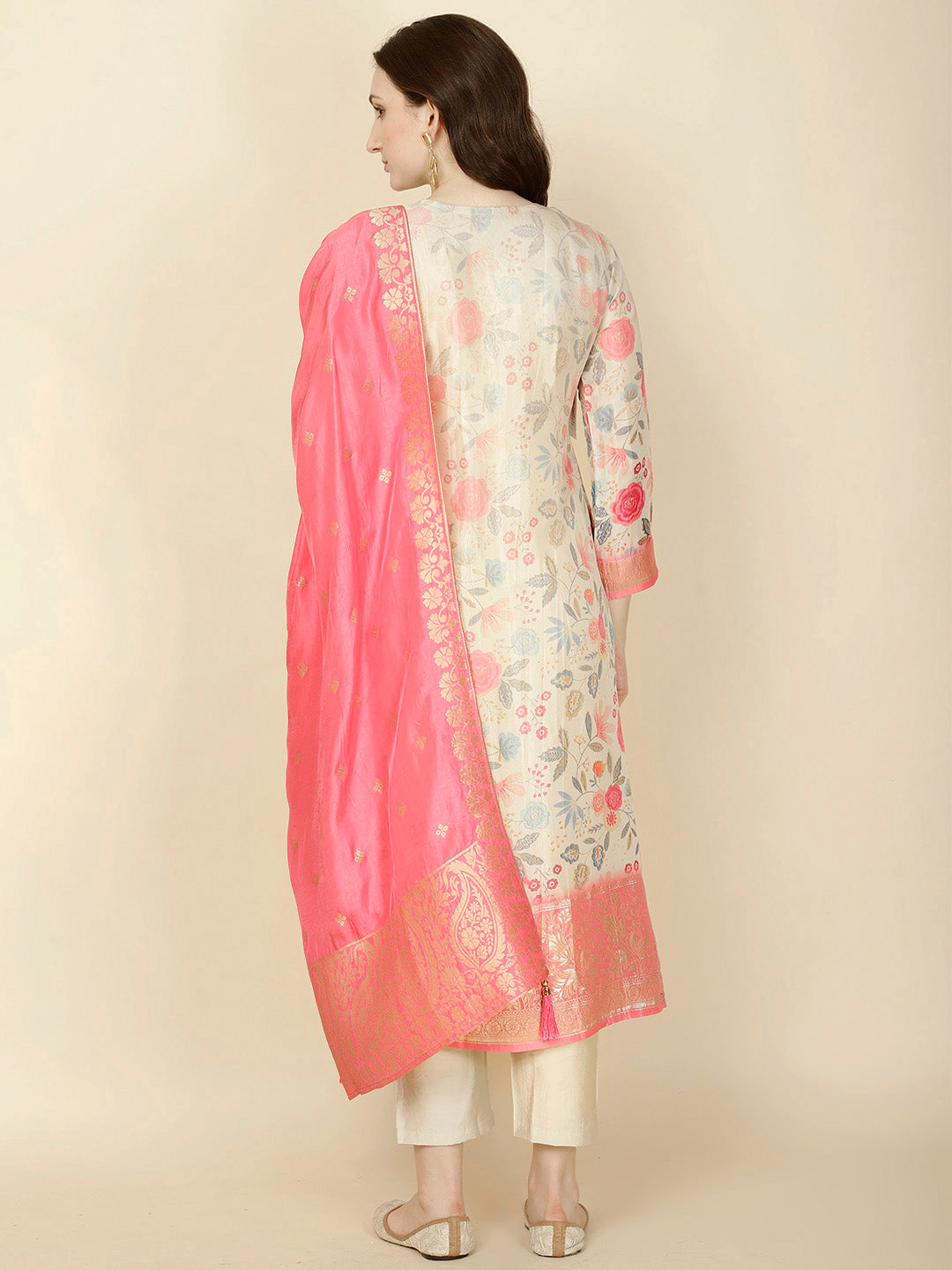 Floral Printed &amp; Woven Organza Kurta With Pants &amp; Dupatta
