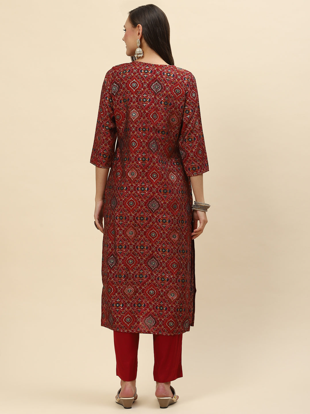 Zari Neck Embroidered &amp; Printed Muslin Kurta With Pants