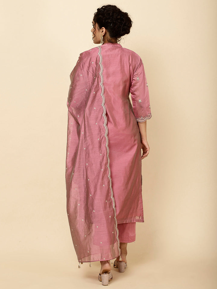 Embroidered Chanderi Kurta With Pants &amp; Dupatta