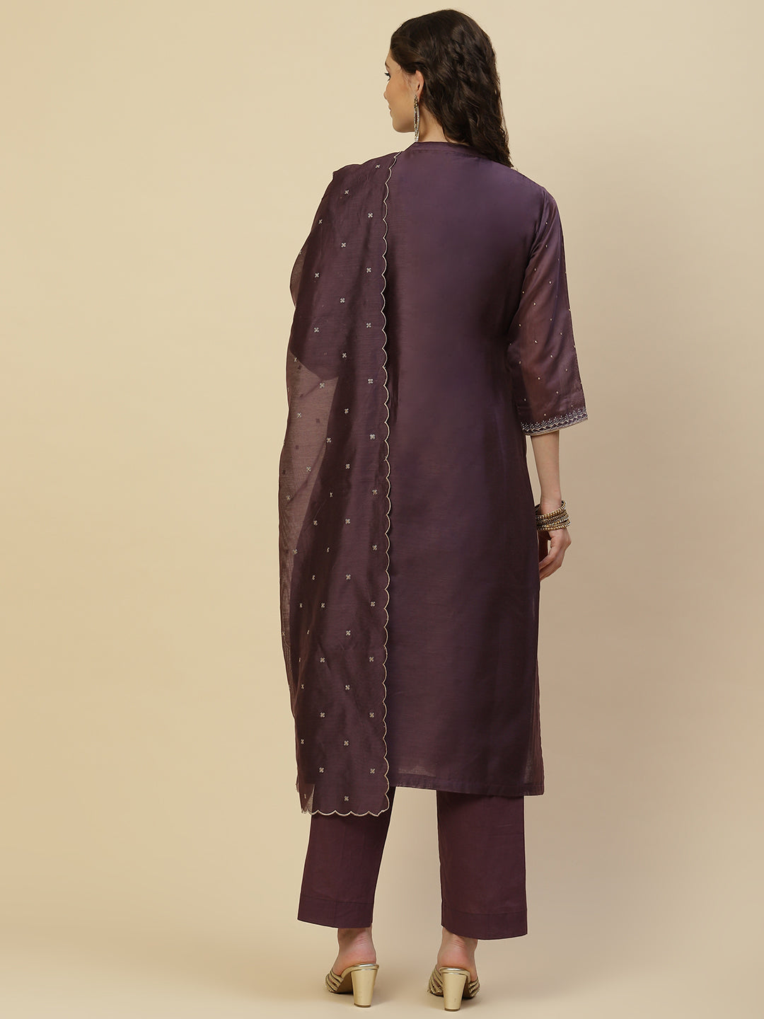 Resham Neck Embroidered Chanderi Kurta With Pants &amp; Dupatta