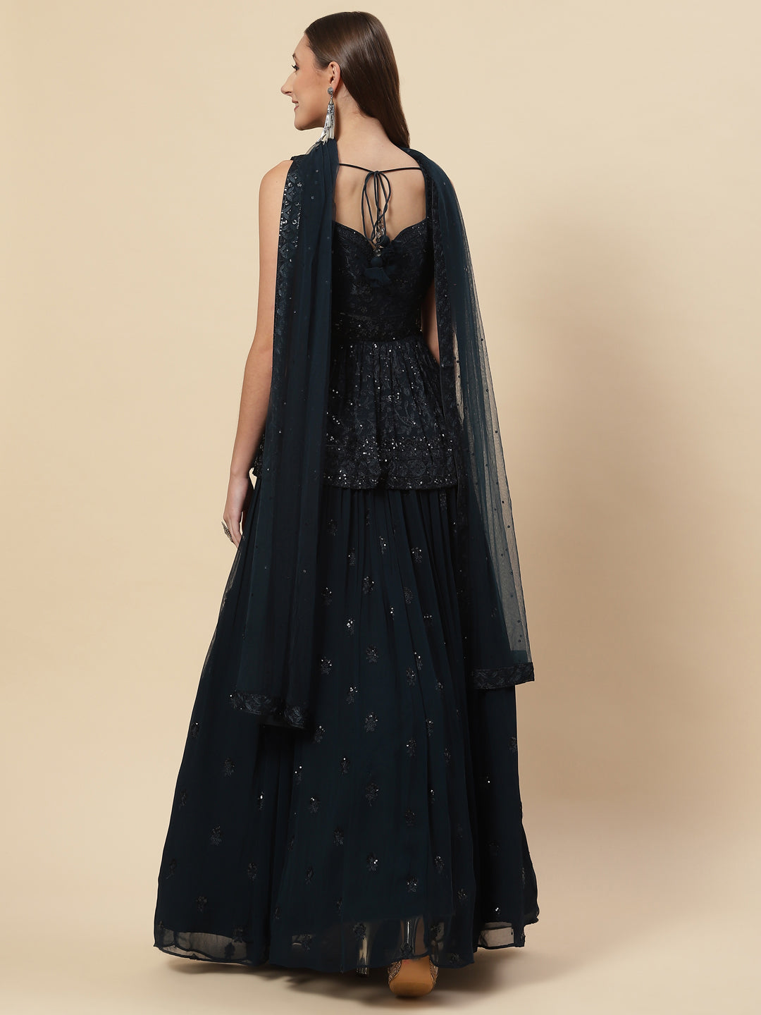 Sequin Embroidered Georgette Choli With Lehenga &amp; Net Dupatta