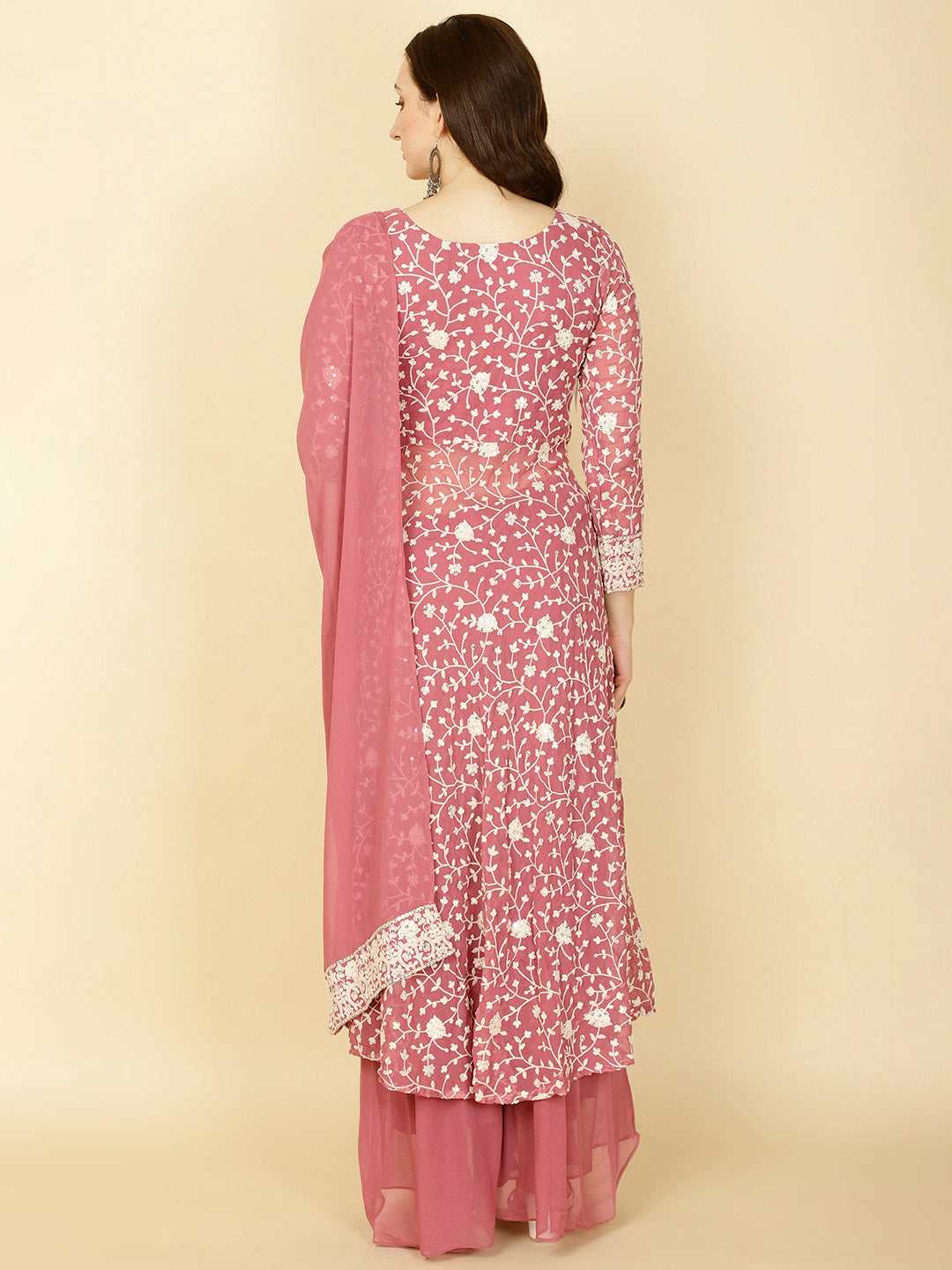 Resham Embroidery Georgette Kurta With Sharara &amp; Dupatta