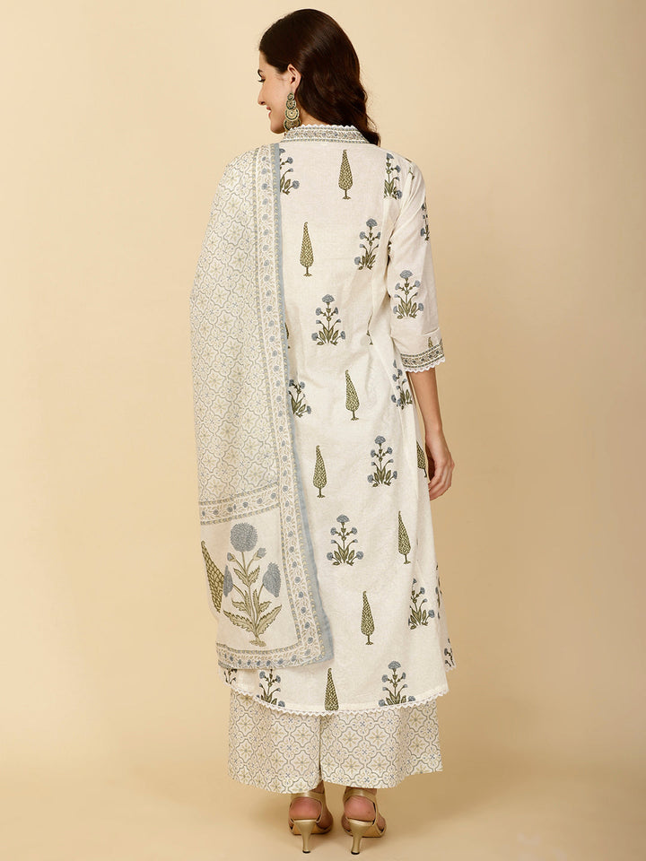 Block Printed Cotton Kurta With Palazzo &amp; Dupatta