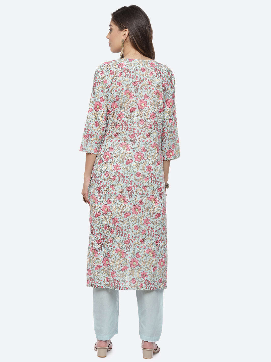 Zari Neck Embroidered Cotton Kurta With Pant