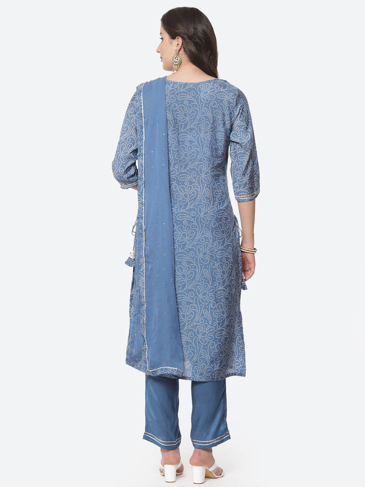 Bandhani Printed Cotton Muslin Stitched Salwar Kameez With Chiffon Dupatta