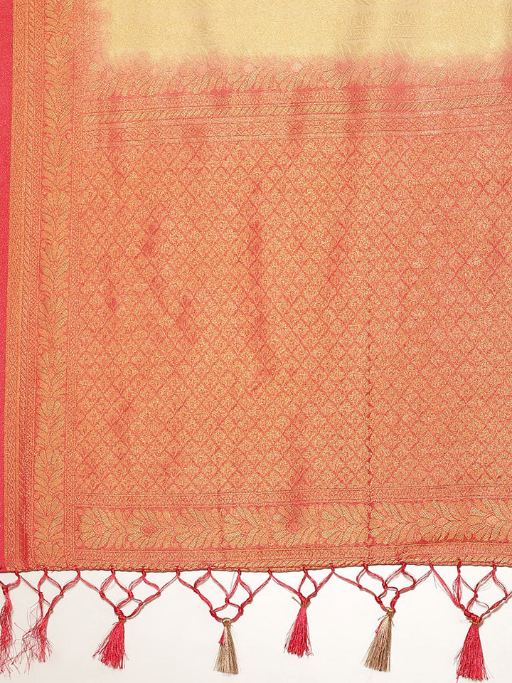 Brocade Zari Jaal Art Handloom Saree  with Contrast Blouse