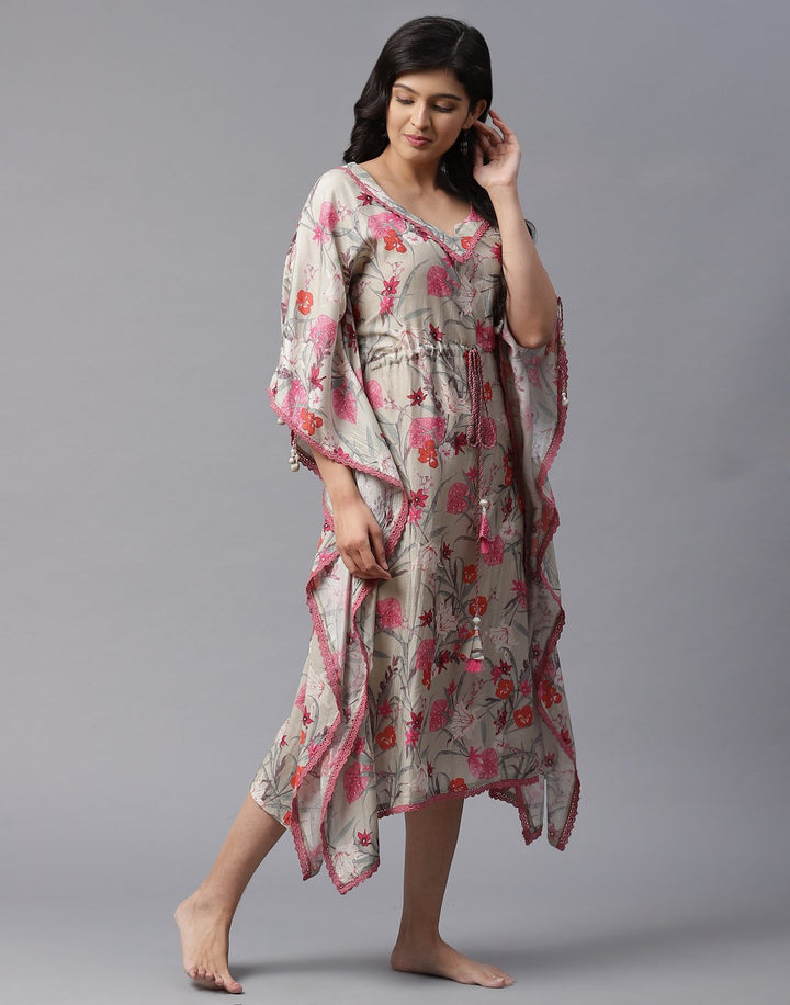 Floral Print Kaftan with Lace Detail