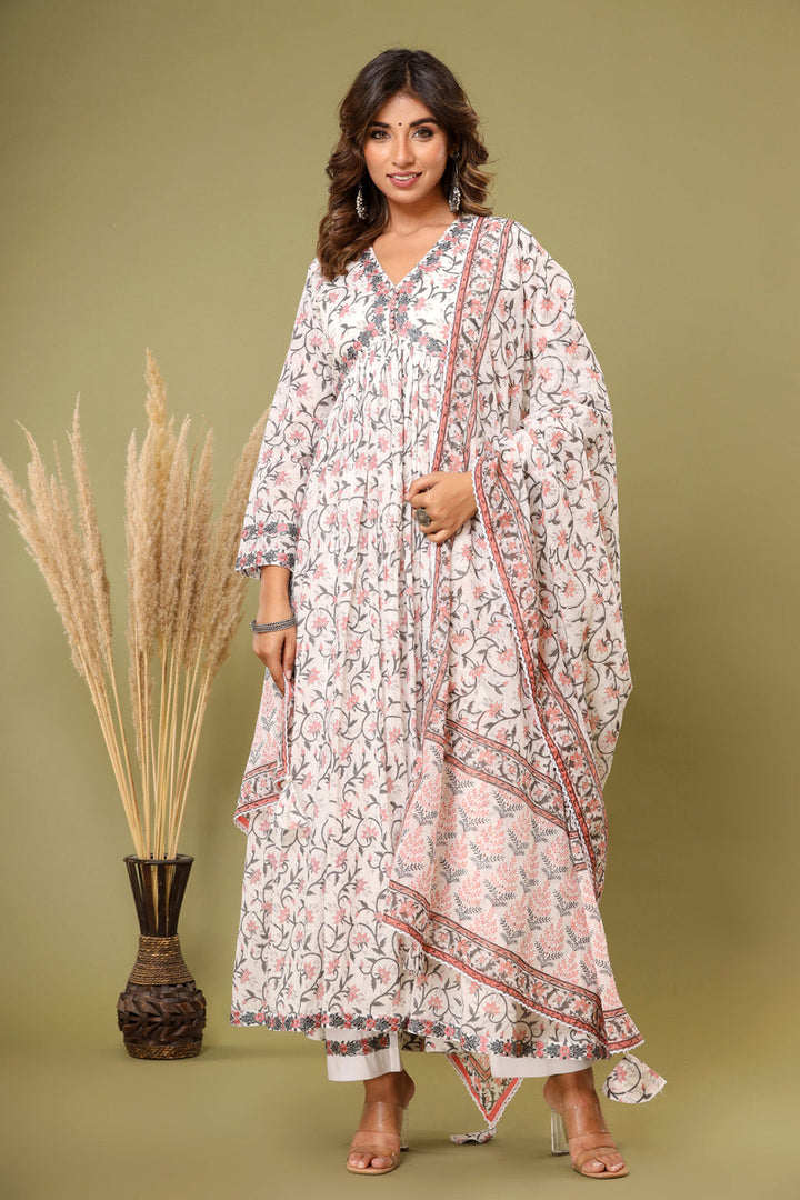 Printed Cotton Kurta With Pants &amp; Dupatta