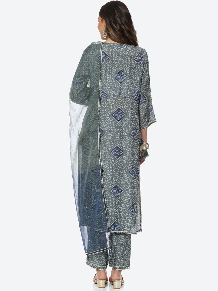 Printed Gota Neck Cotton Kurta With Pant &amp; Dupatta