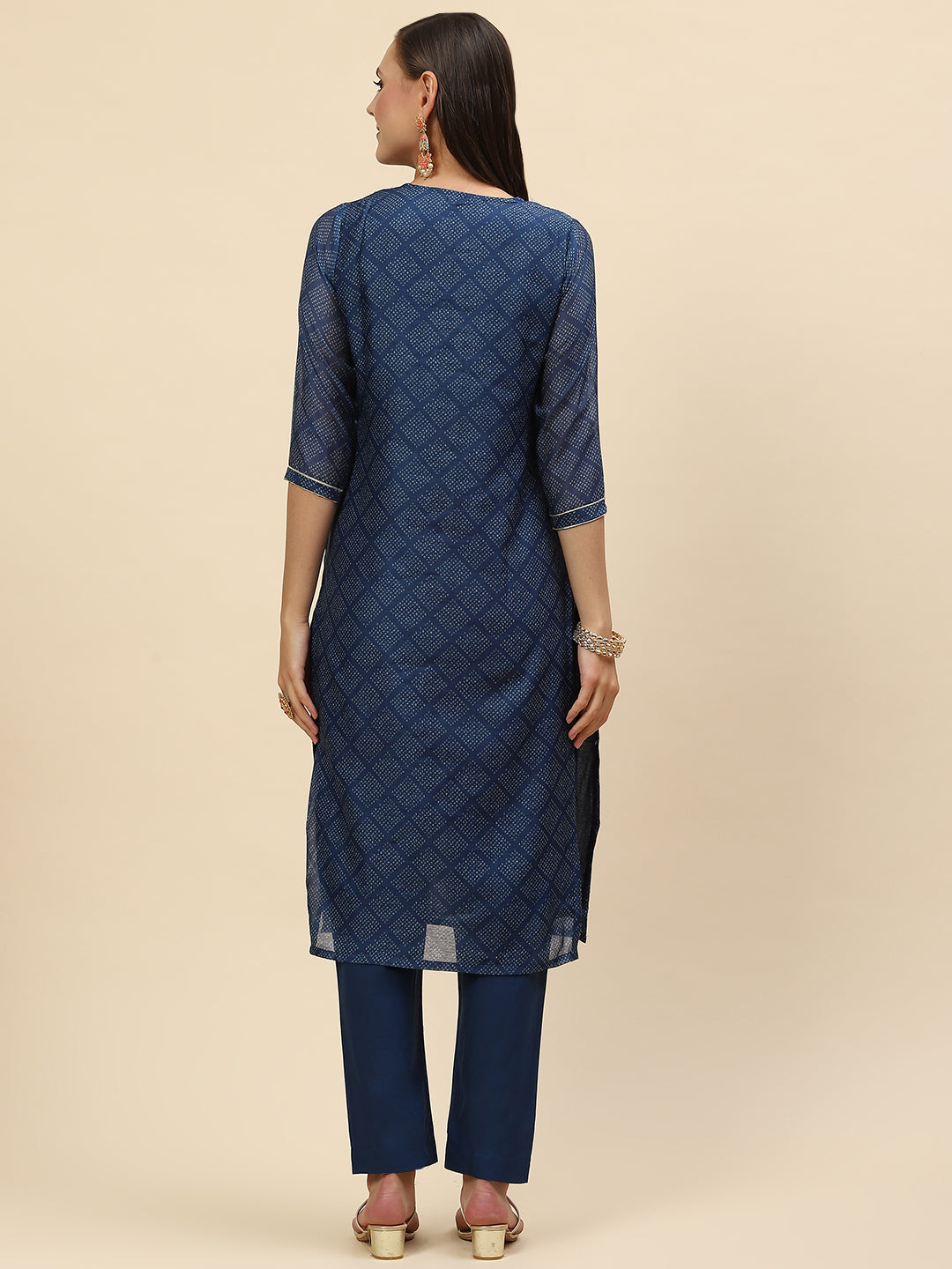 Mirror Embroidered &amp; Printed Chanderi Kurta With Pants