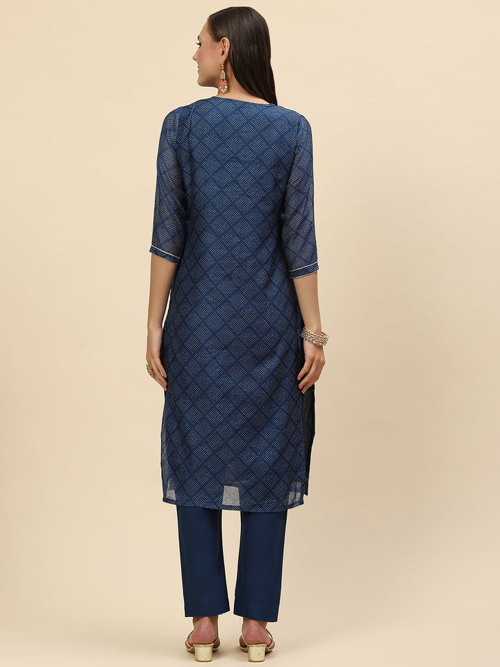 Mirror Embroidered &amp; Printed Chanderi Kurta With Pants