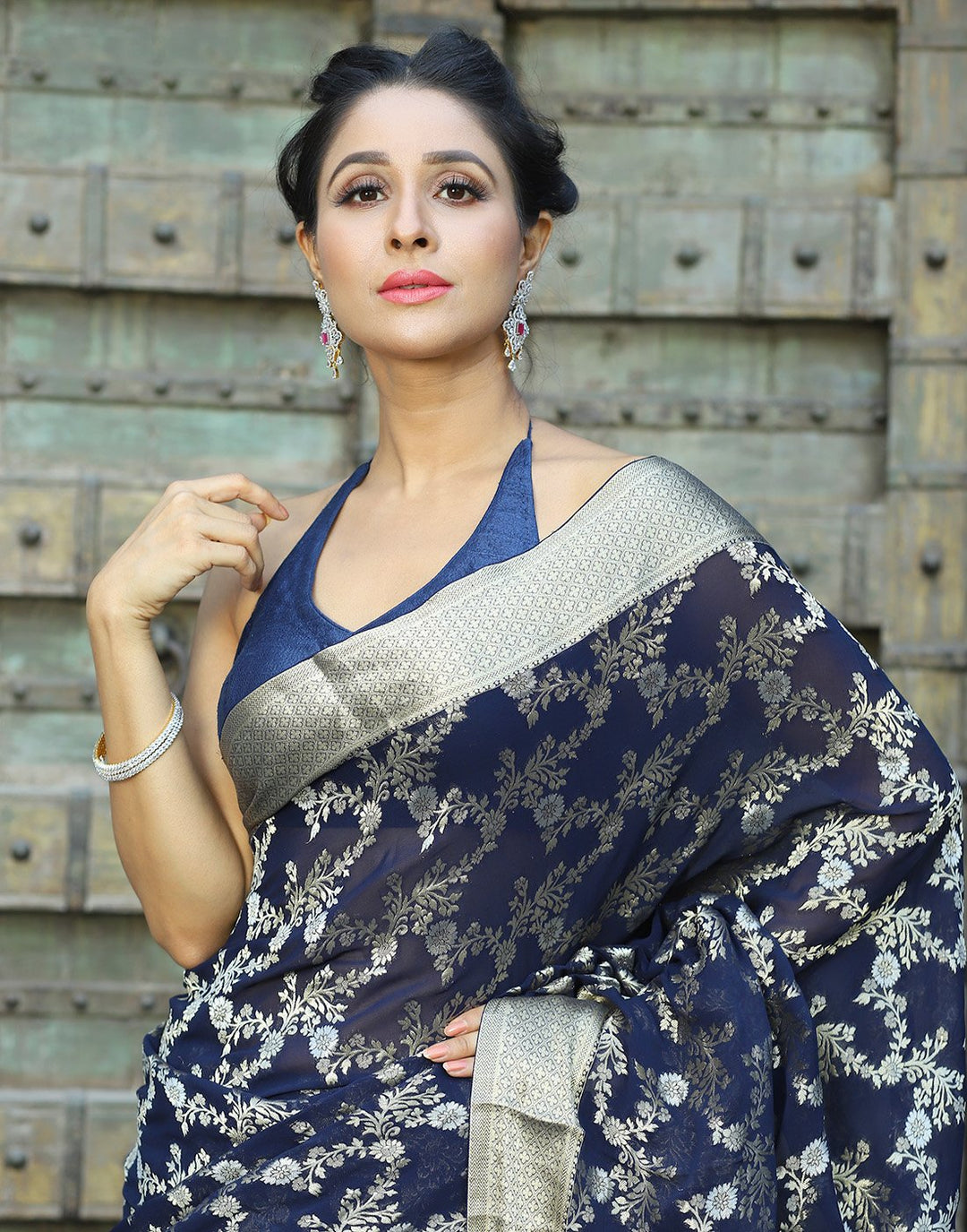 MBZ Meena Bazaar-Silver Zari Jaal Georgette Saree