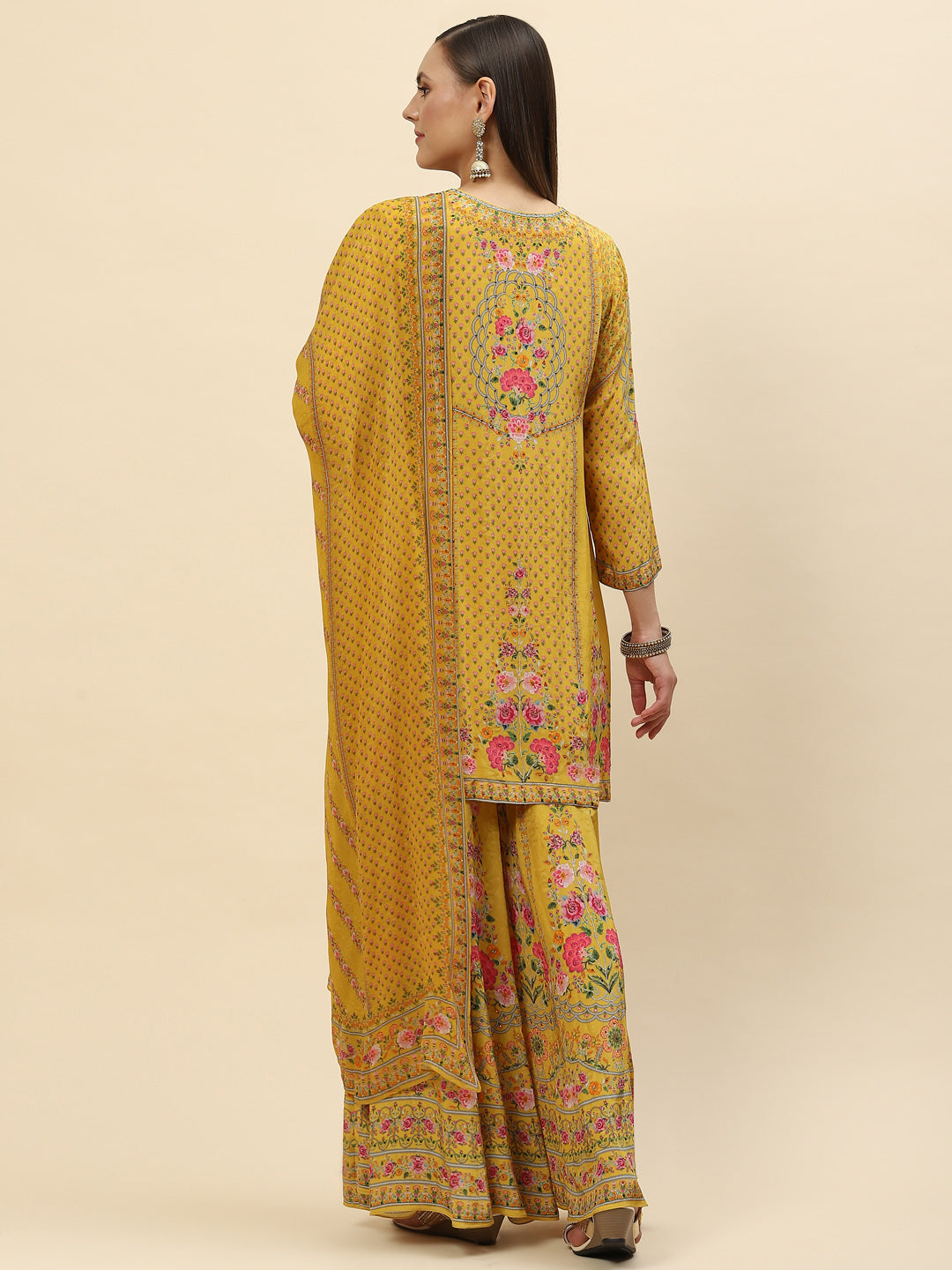 Floral Digital Printed Crepe Kurta With Sharara &amp; Net Dupatta