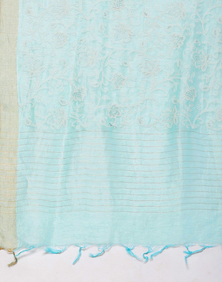 Embroidery Firozee and Grey Saree