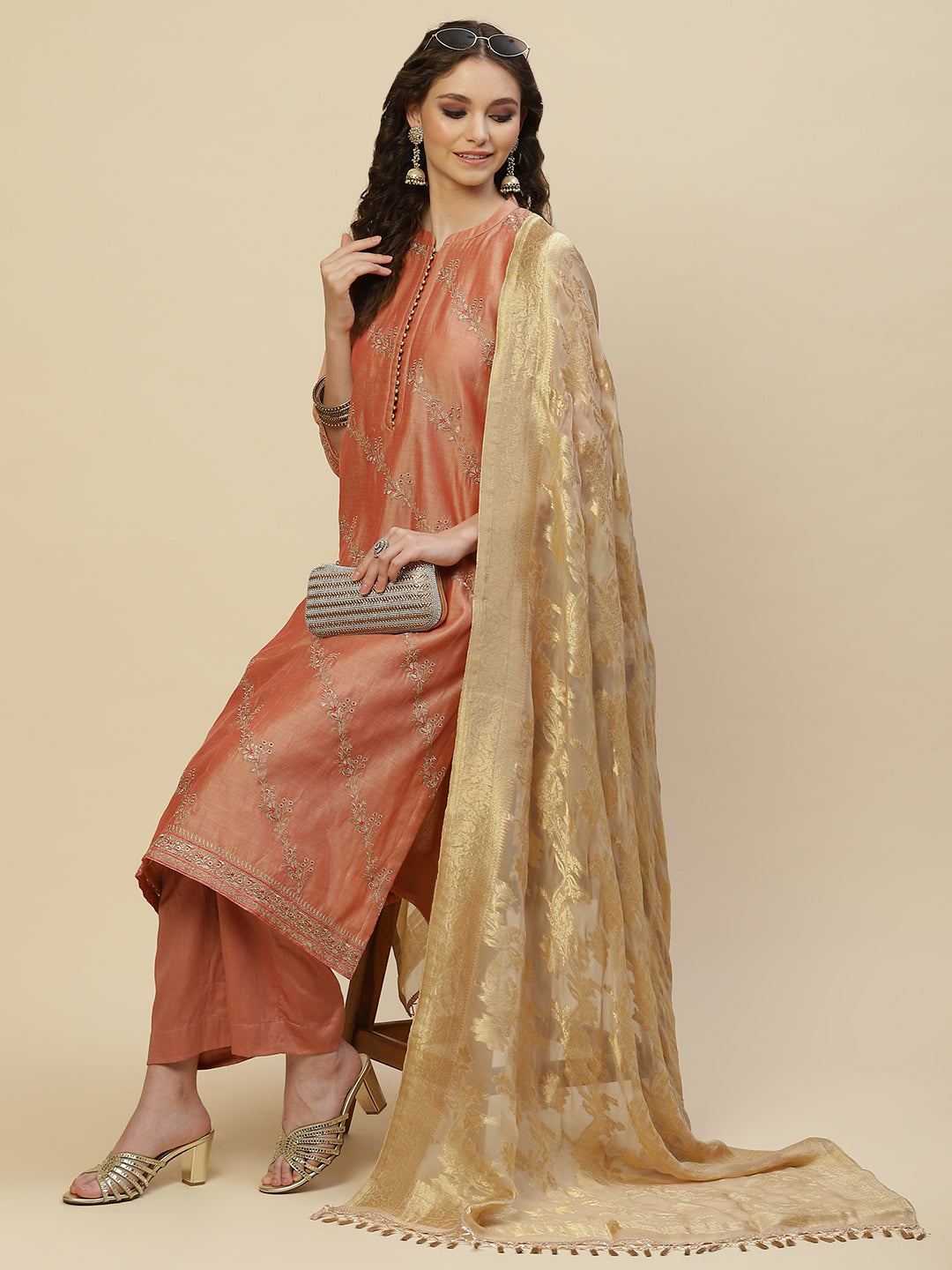 Zari Booti Cotton Kurta With Pants &amp; Dupatta