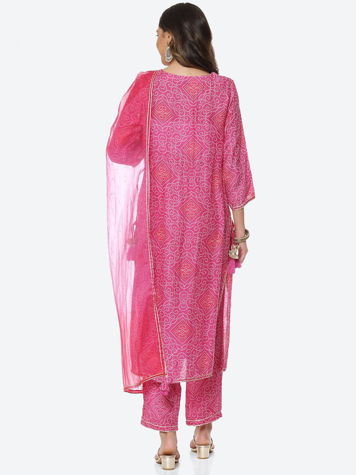 Printed Gota Neck Cotton Kurta With Pant &amp; Dupatta