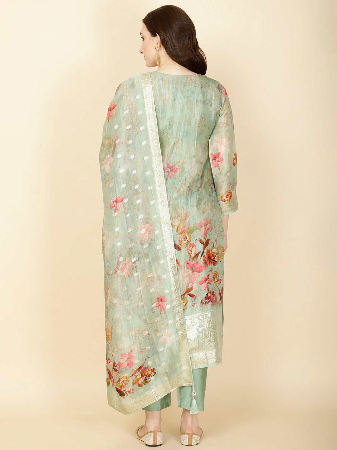 Floral Printed &amp; Woven Organza Kurta With Pants &amp; Dupatta