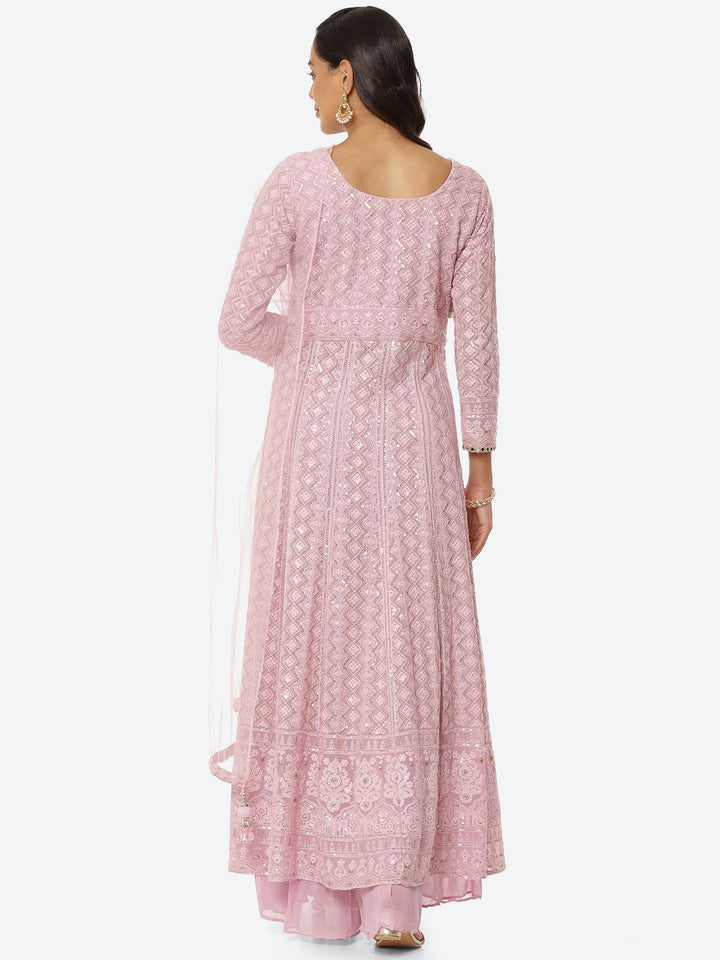 Thread Work Georgette Kurta With Palazzo &amp; Net Dupatta