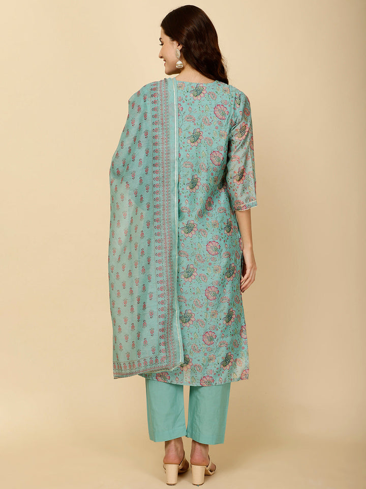 Floral Printed Chanderi Kurta With Pants &amp; Dupatta