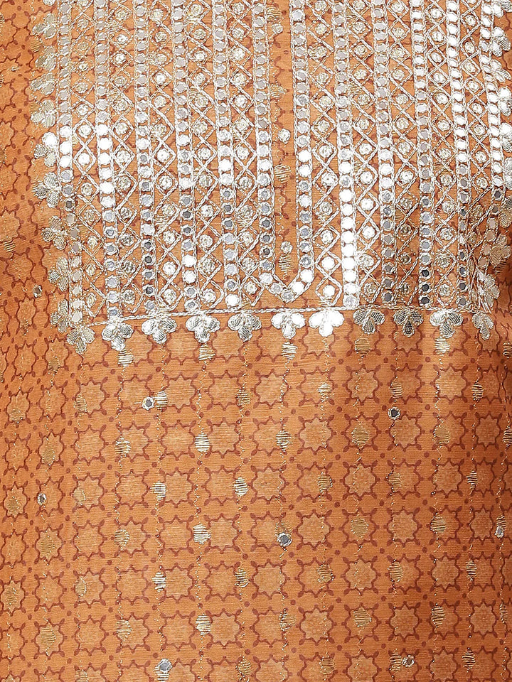Neck Embroidered &amp; Printed Chanderi Unstitched Suit Piece With Dupatta