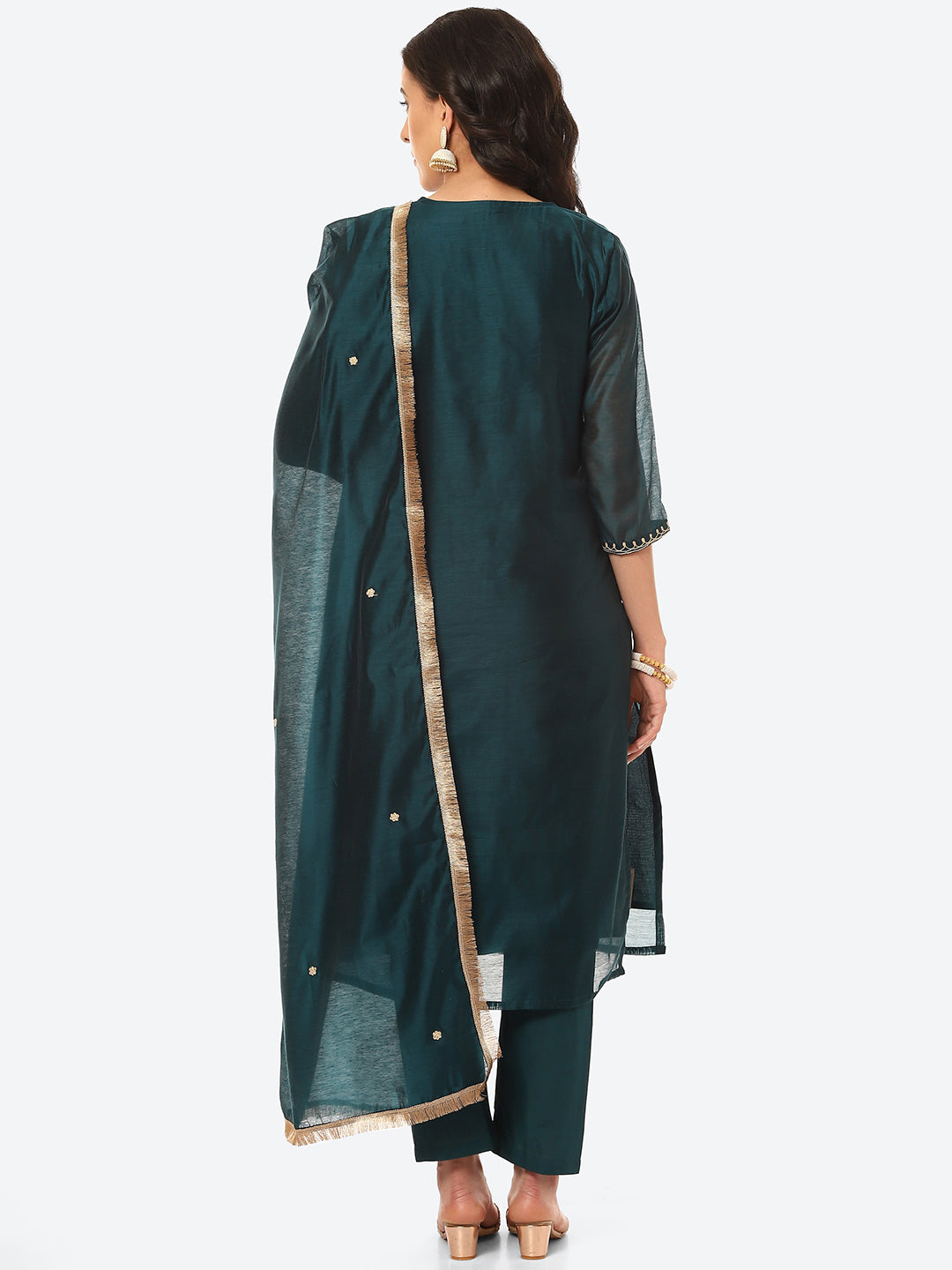 Zari Neck Embroidered Booti Chanderi Kurta With Pant &amp; Dupatta