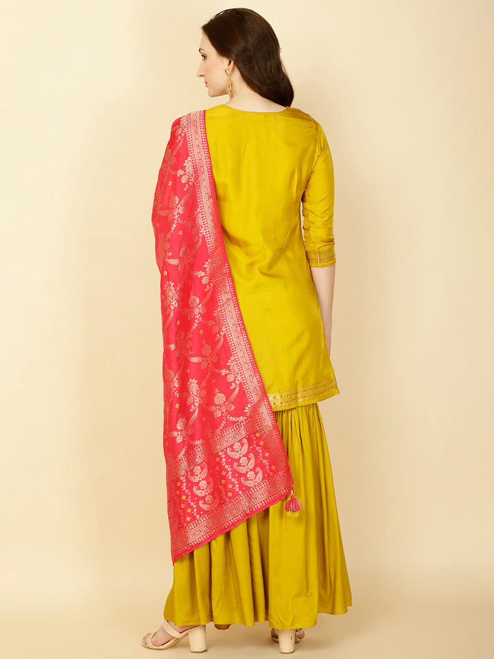 Woven Banarasi Kurti With Sharara &amp; Dupatta