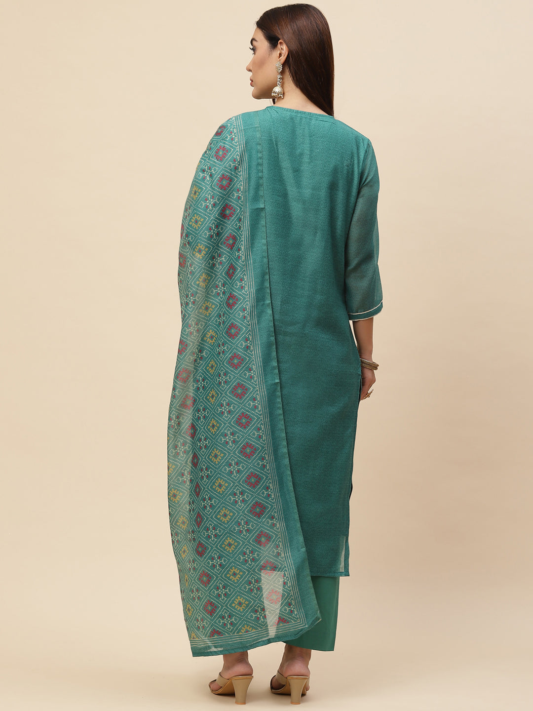 Neck Embroidered Chanderi Kurta With Pants &amp; Dupatta