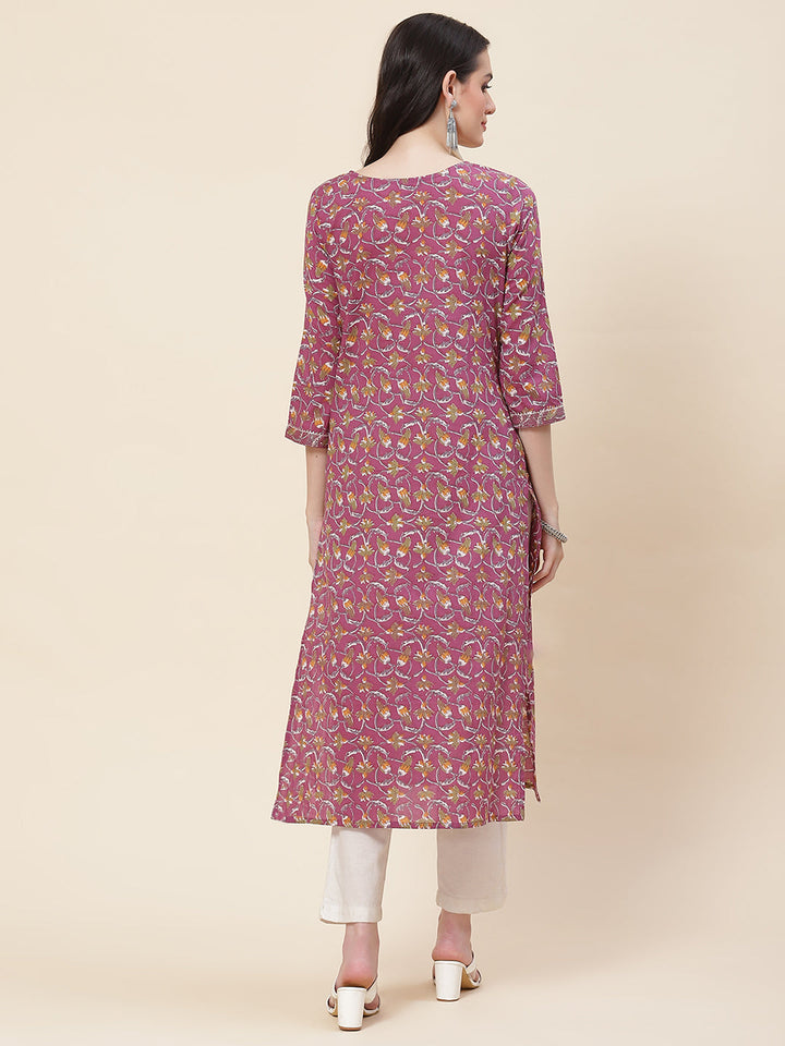 Printed &amp; Neck Embroidered Cotton Kurta