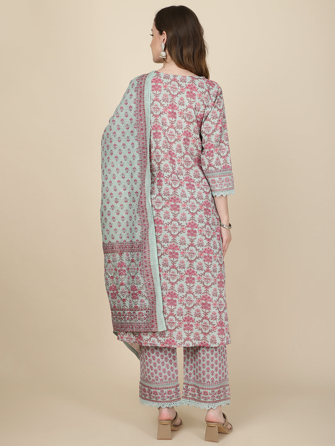 Floral Printed Cotton Kurta With Pants &amp; Dupatta