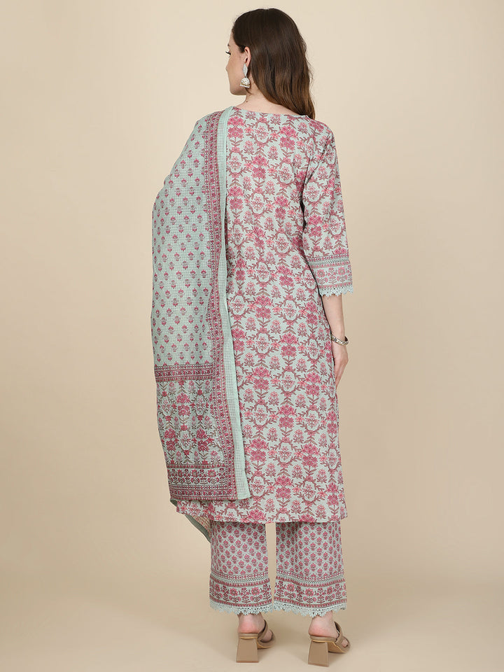 Floral Printed Cotton Kurta With Pants &amp; Dupatta