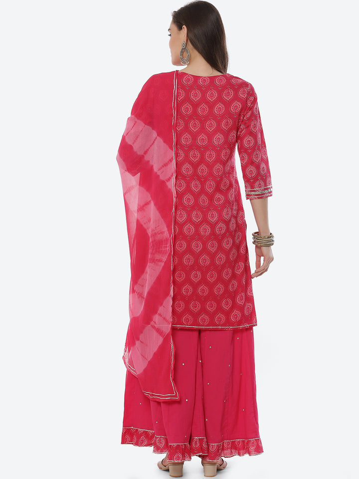 Printed Cotton Kurta With Garara &amp; Chiffon Dupatta
