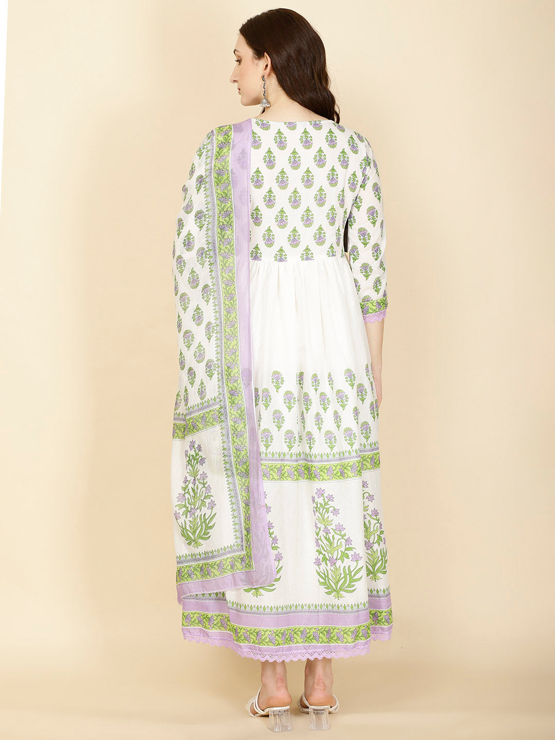 Floral Printed Cotton Kurta With Pants &amp; Dupatta