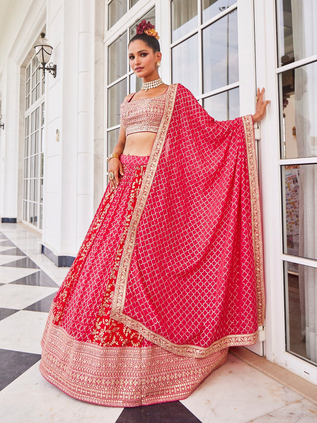 Zari Jaal Embroidered Crepe Choli With Lehenga &amp; Net Dupatta
