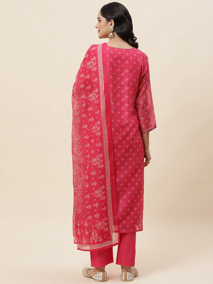 Bandhani Printed Chanderi Kurta With Pants &amp; Dupatta