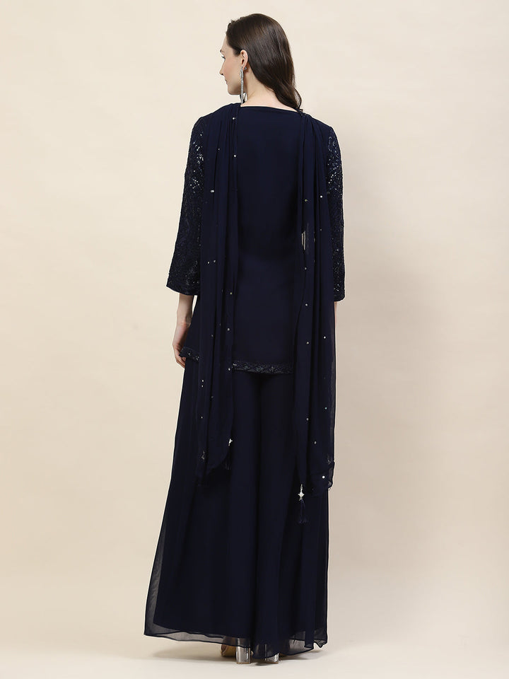 Sequin Embroidery Georgette Kurti With Palazzo &amp; Dupatta