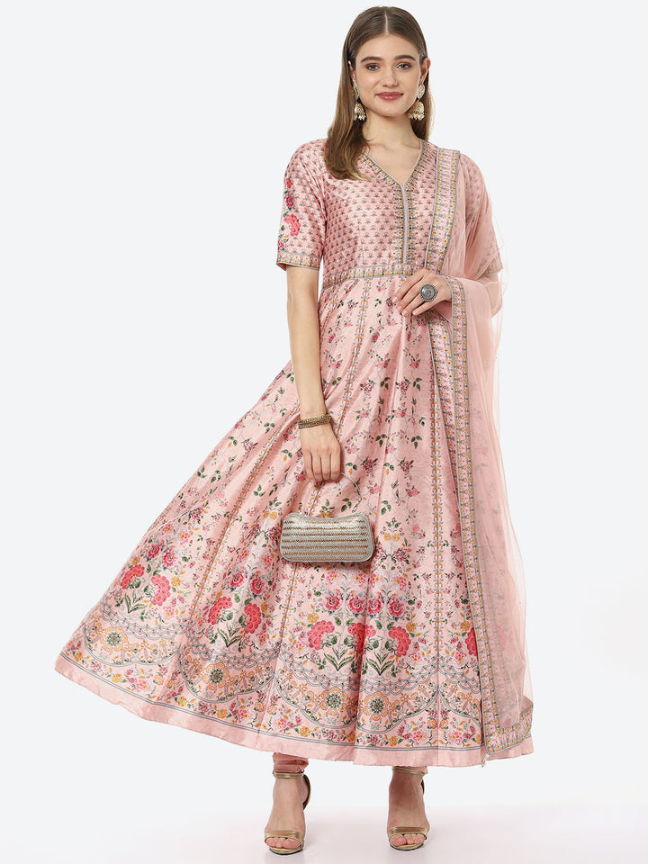Digital Floral Printed Anarkali Kurta With Churidar &amp; Net Dupatta