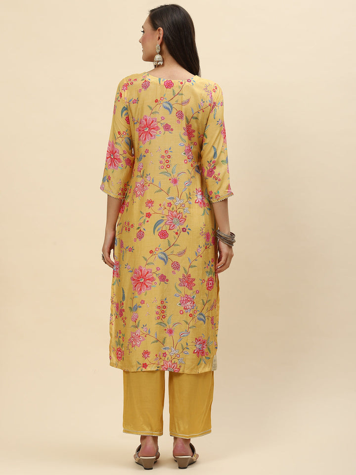 Neck Patti &amp; Floral Printed Muslin Kurta With Pants