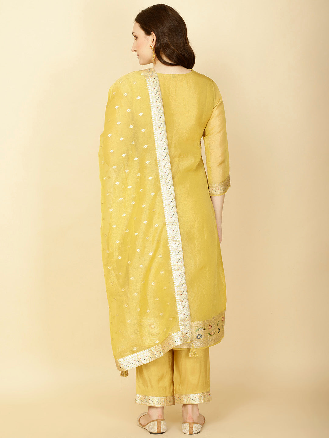 Floral Woven Tissue Kurta With Pants &amp; Dupatta